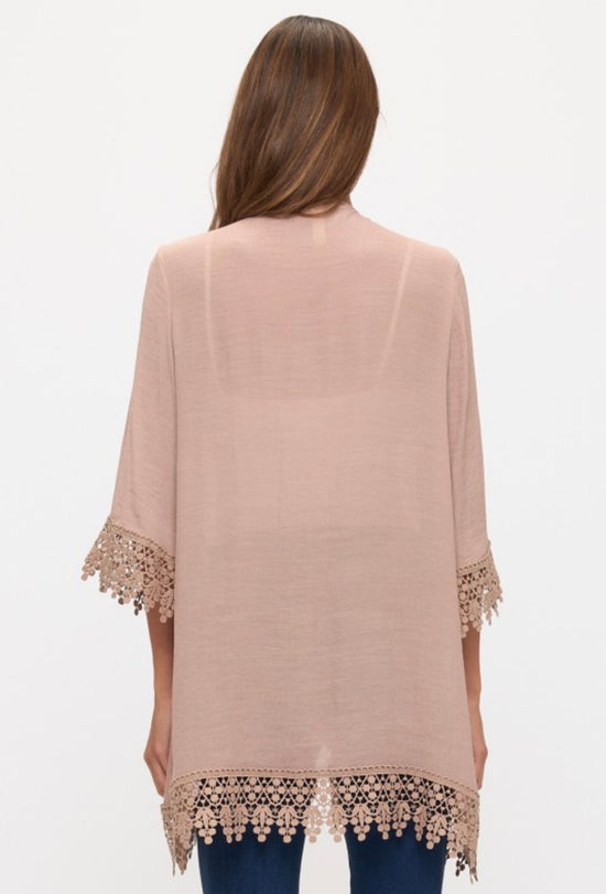 Perseption Crochet Lace Detail Open Front Kimono Taupe