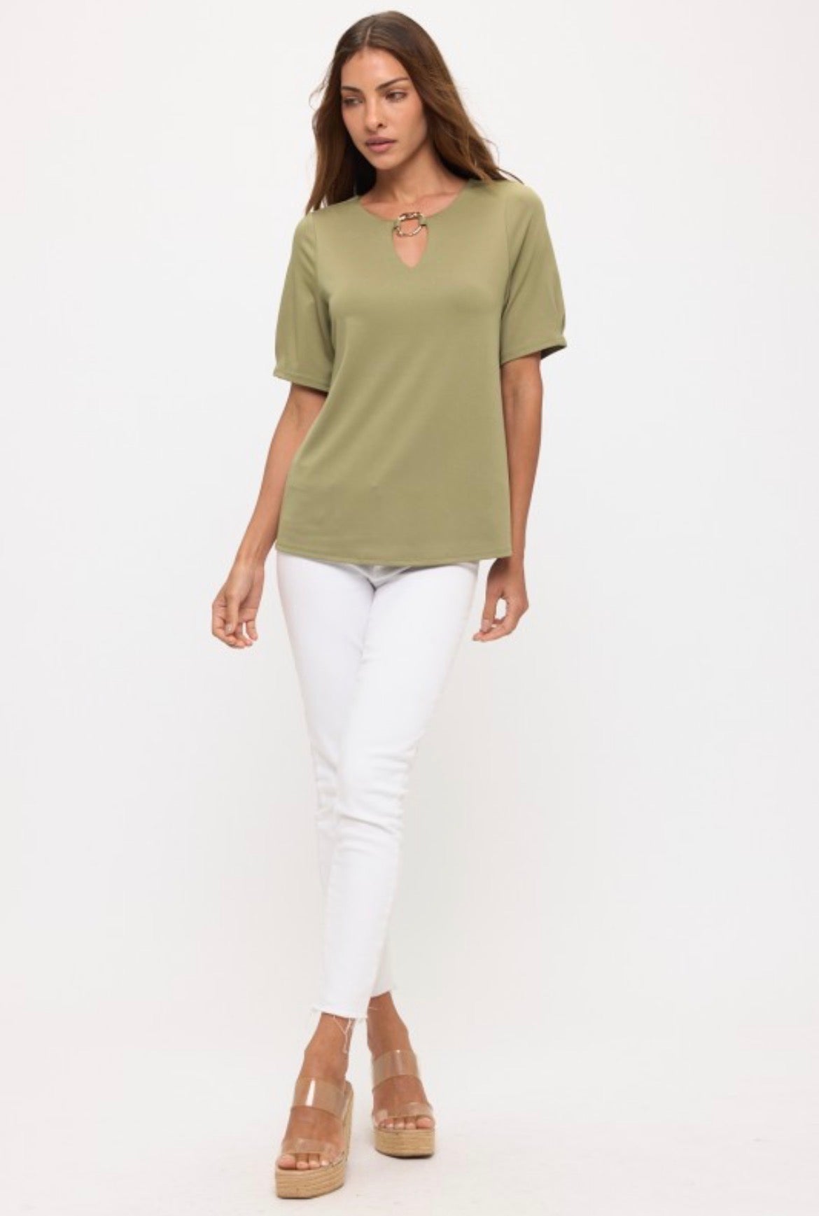Perseption Knit Crepe O Ring Detailed Blouse Sage