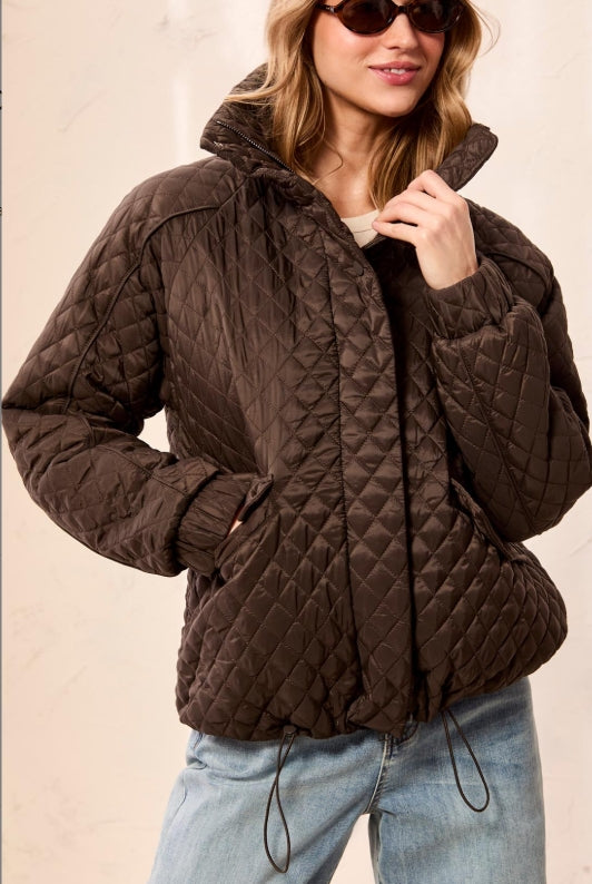 Tribal Diamond Quilted Mock Neck Puffer Bomber Jacket Brown