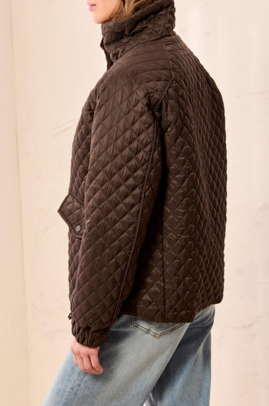 Tribal Diamond Quilted Mock Neck Puffer Bomber Jacket Brown