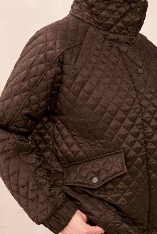 Tribal Diamond Quilted Mock Neck Puffer Bomber Jacket Brown