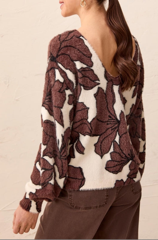 Tribal Wear Two Ways Front to Back Brown Floral Knit Sweater