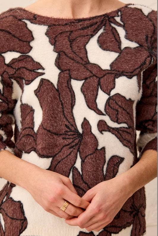 Tribal Wear Two Ways Front to Back Brown Floral Knit Sweater