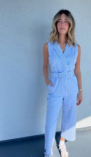 TC Belt Striped Jumpsuit w/Pockets Blue