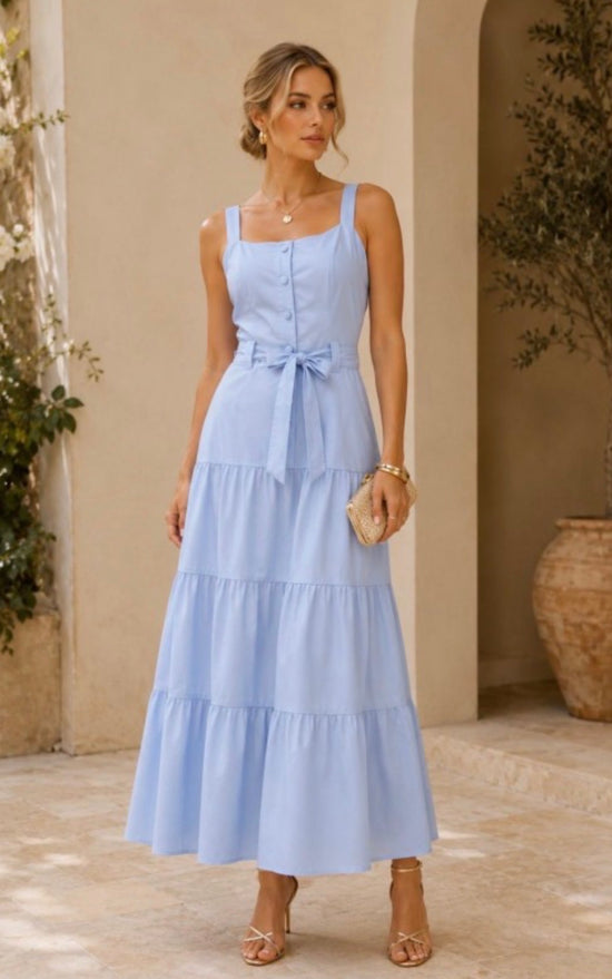 TEA & CUP Sleeveless Tiered Maxi Dress with Belt Blue
