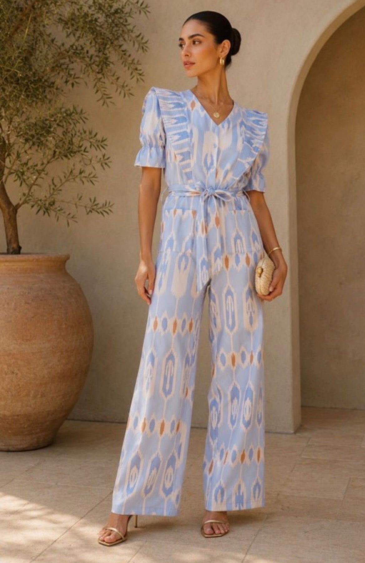 Tea & Cup Periwinkle Jumpsuit with V Neck Shoulder Details