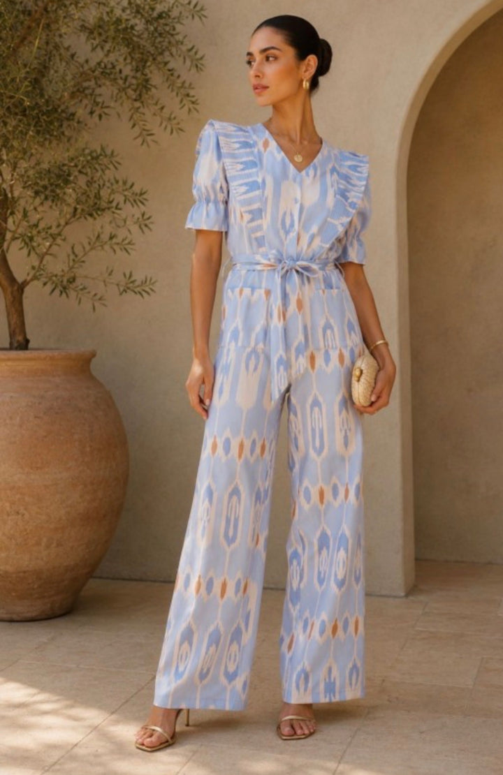 Tea & Cup Periwinkle Jumpsuit with V Neck Shoulder Details
