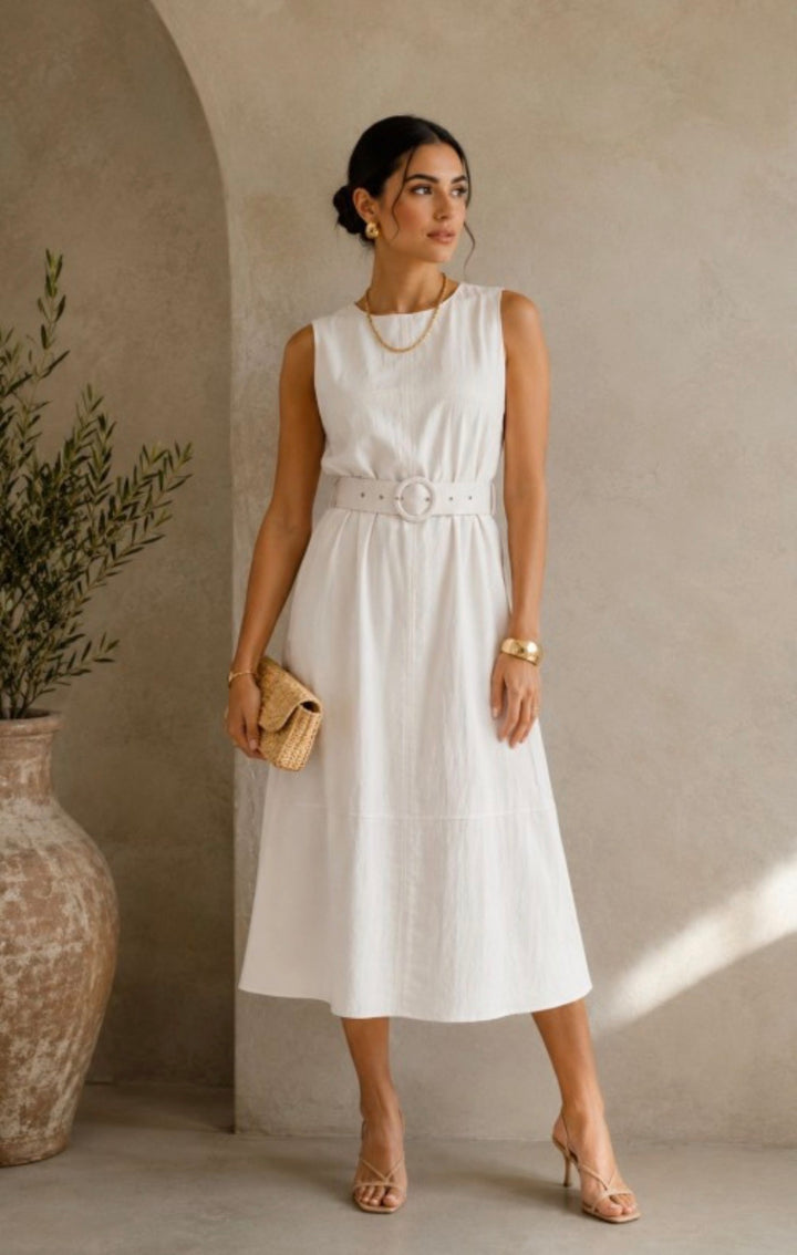 TEA & CUP Grace Belted Midi Dress Cream
