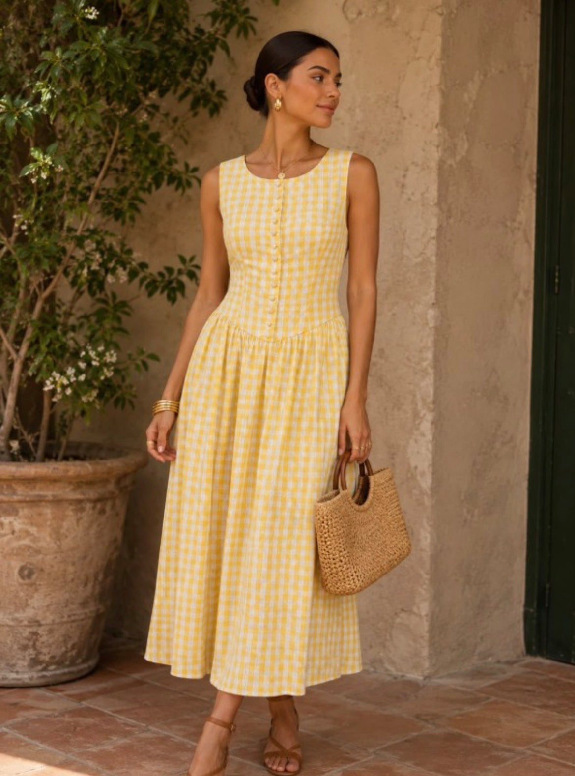 TEA & CUP Yellow Button Front Gingham Midi Dress