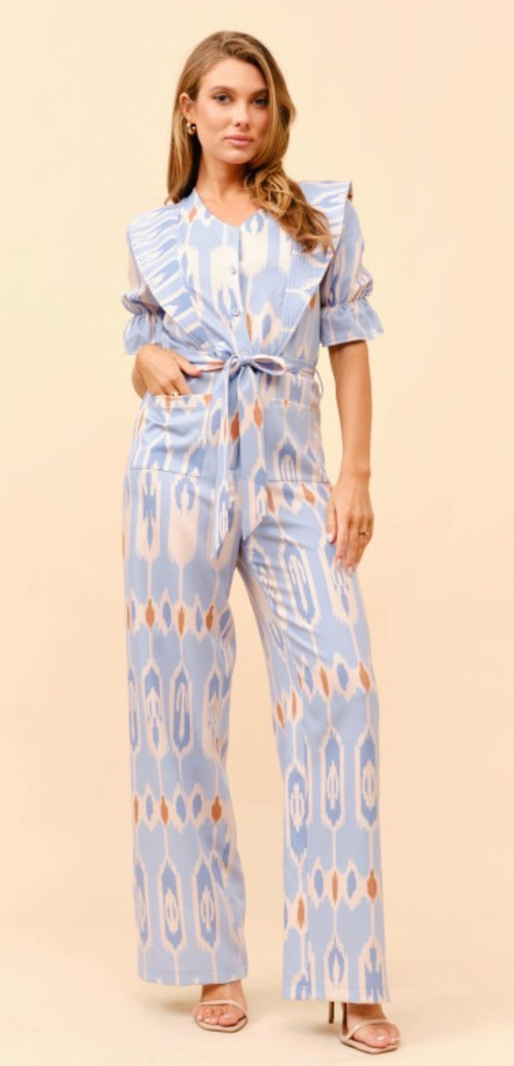 Tea & Cup Periwinkle Jumpsuit with V Neck Shoulder Details