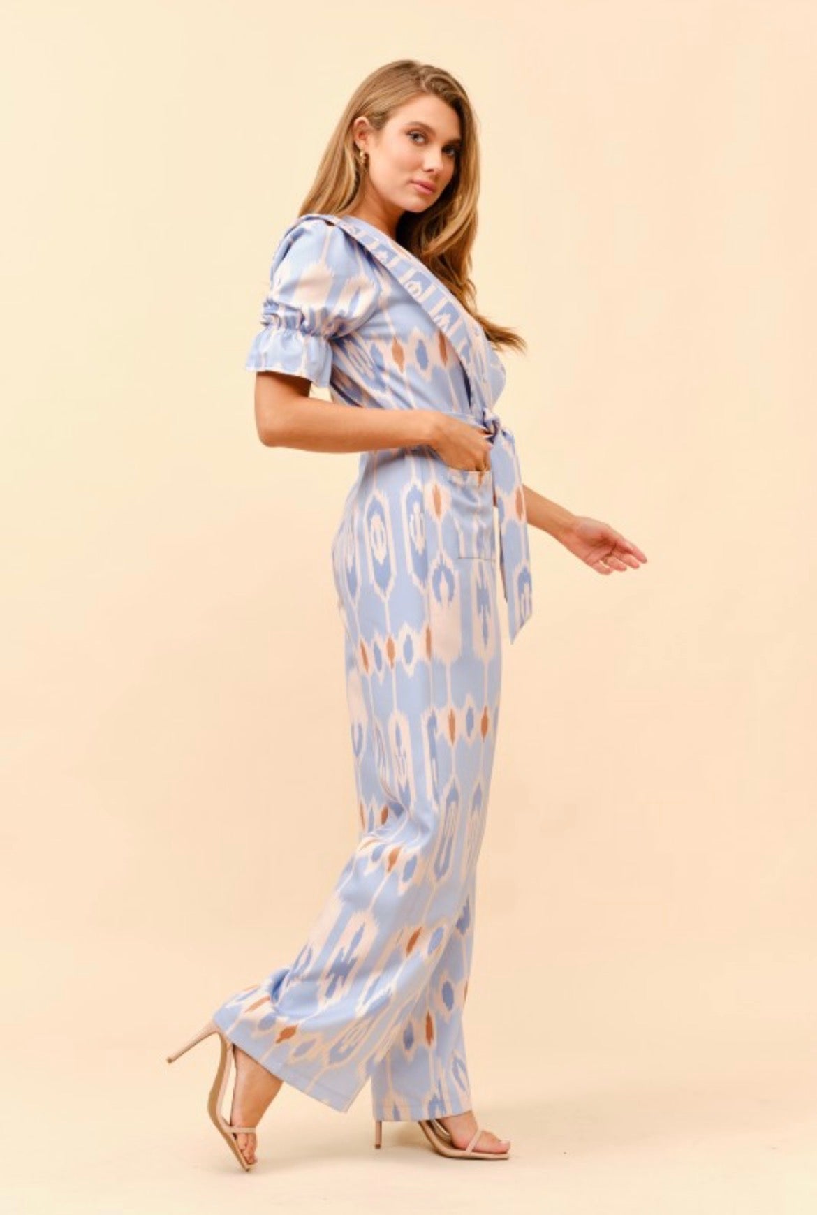 Tea & Cup Periwinkle Jumpsuit with V Neck Shoulder Details