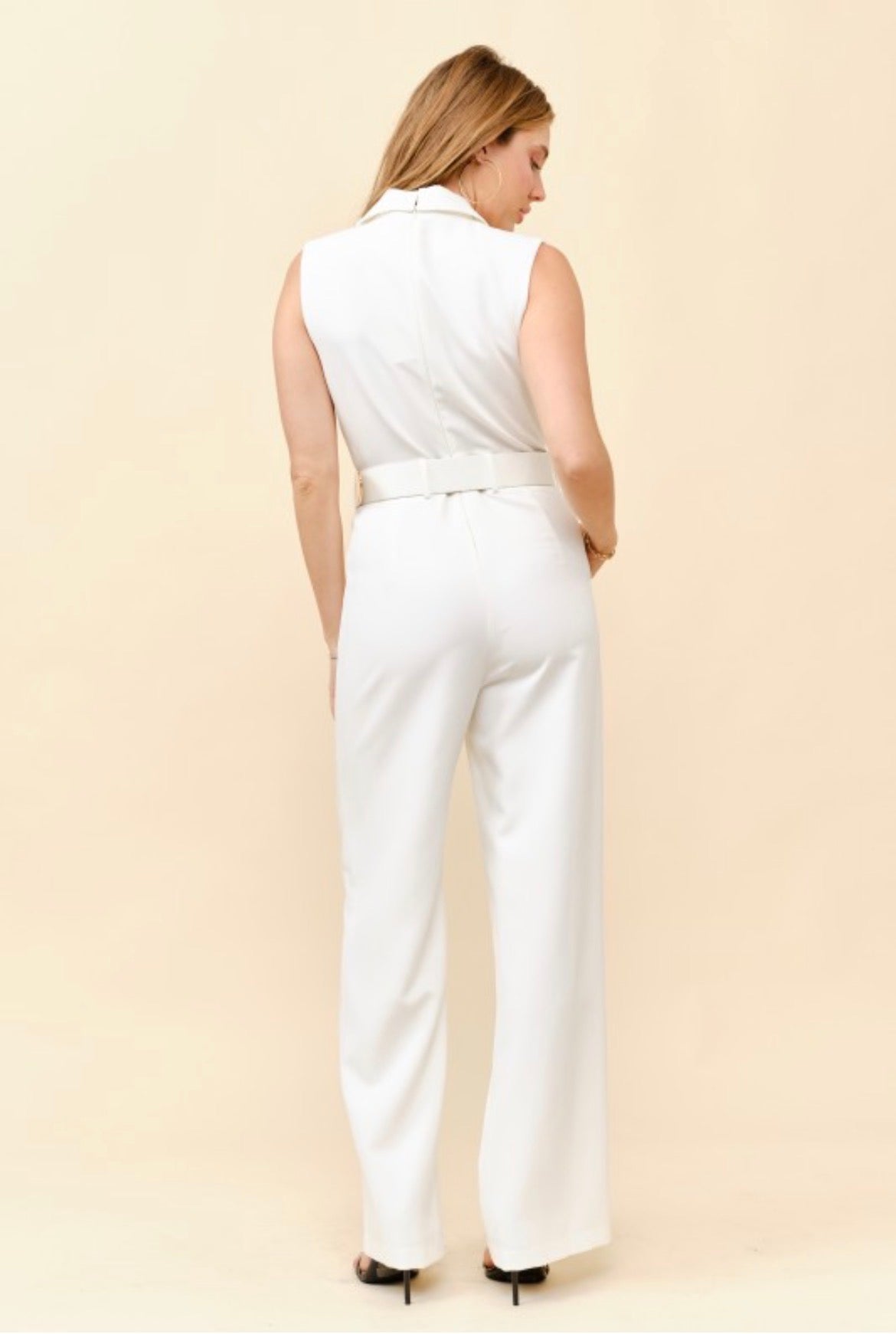 TEA & CUP Sleeveless Notched Lapel Wide Leg Belt Jumpsuit Ivory