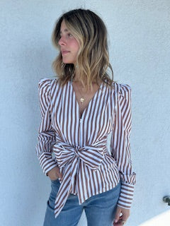 TC Striped Tie Waist Zip Front Puff Sleeve Blouse