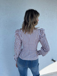 TC Striped Tie Waist Zip Front Puff Sleeve Blouse