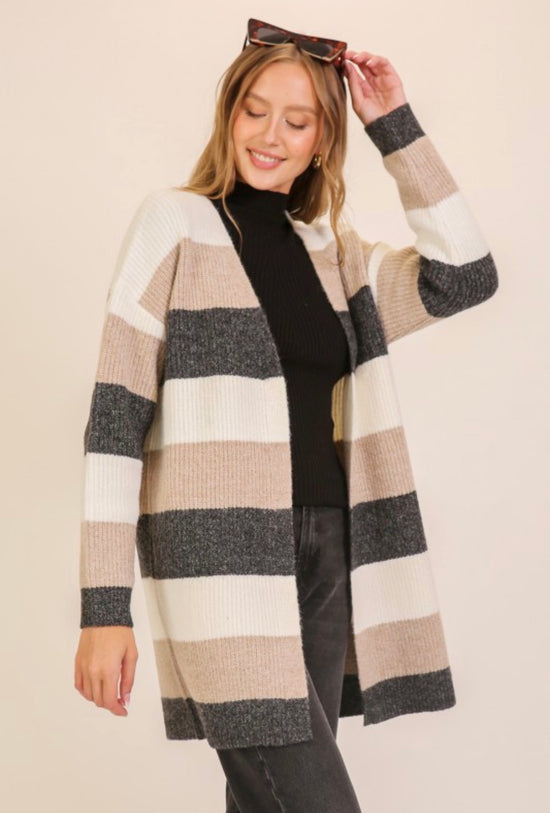 Timing Color Block Striped Open Front Cardigan Knee Length Cream Beige