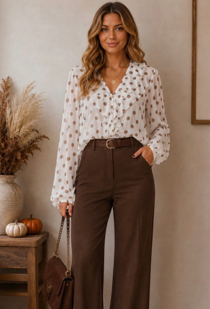Timing Polka Dot Ruffle Front Blouse Ivory