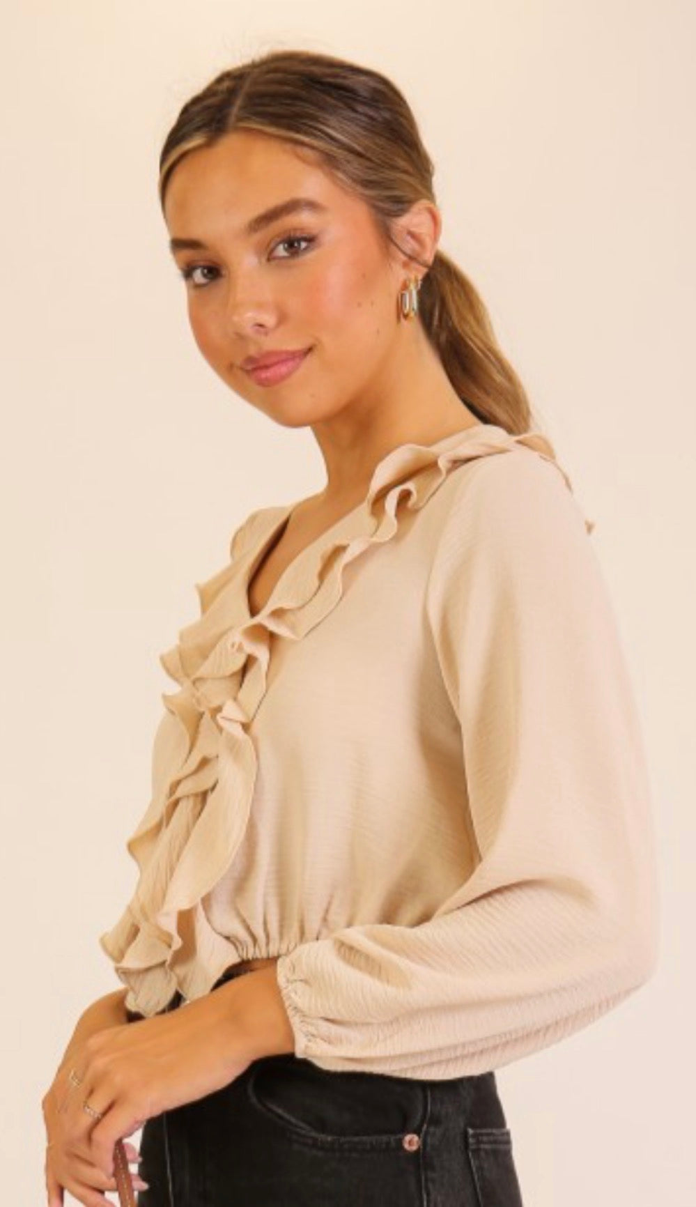 Timing Ruffle Cascade V-Neck Blouse Beige