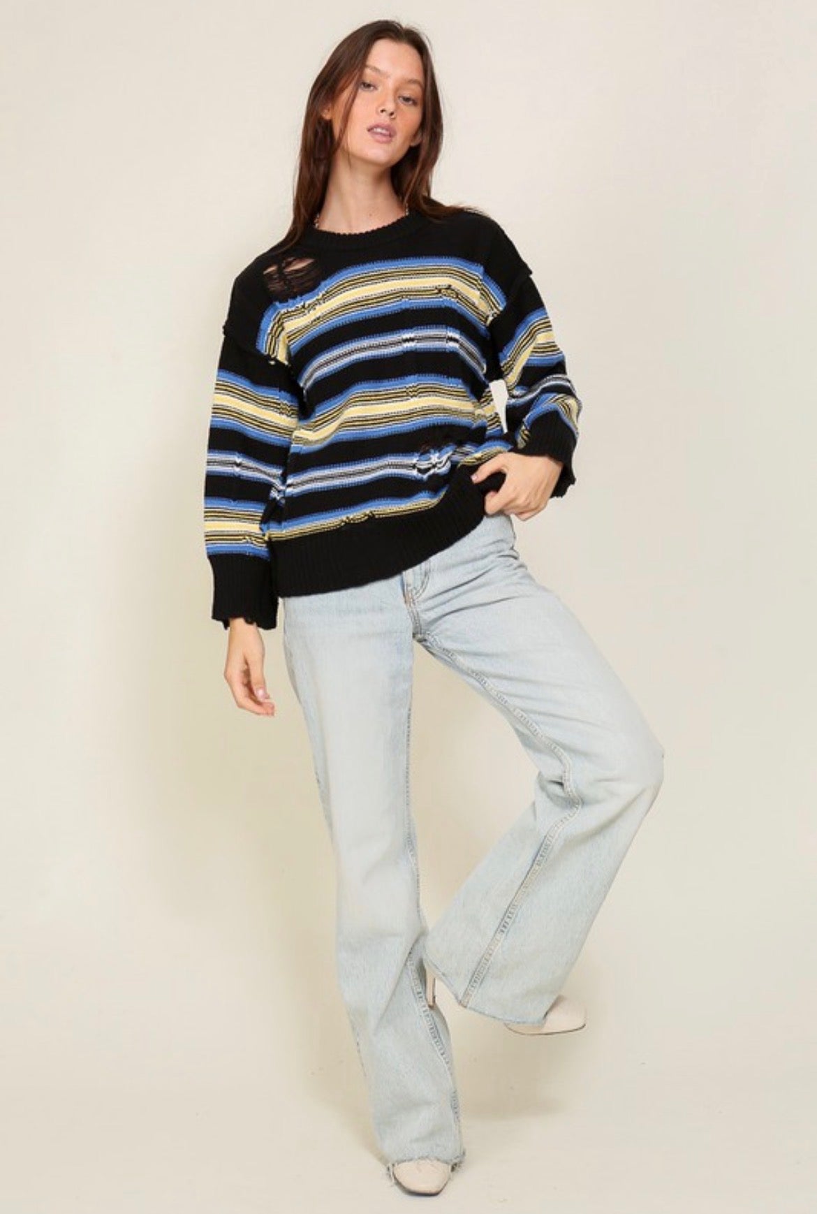Timing Distressed Round Neck Striped Sweater Yellow Black and Blue