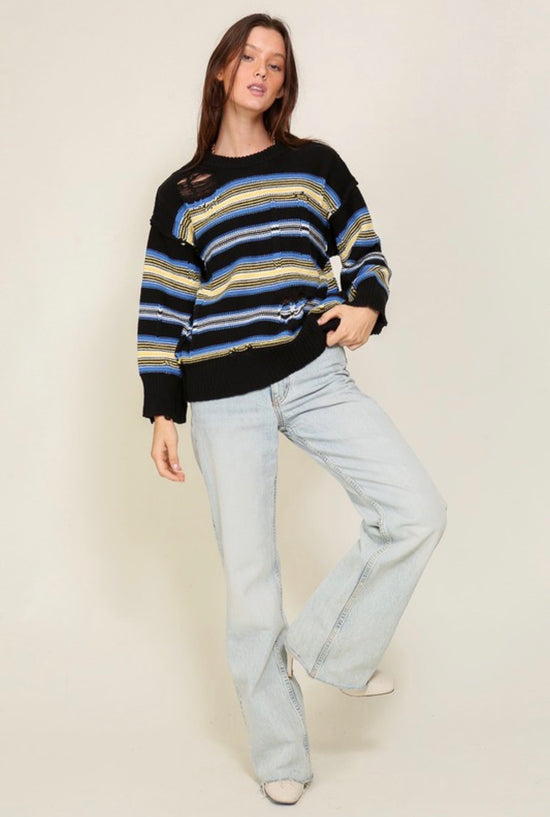 Timing Distressed Round Neck Striped Sweater Yellow Black and Blue