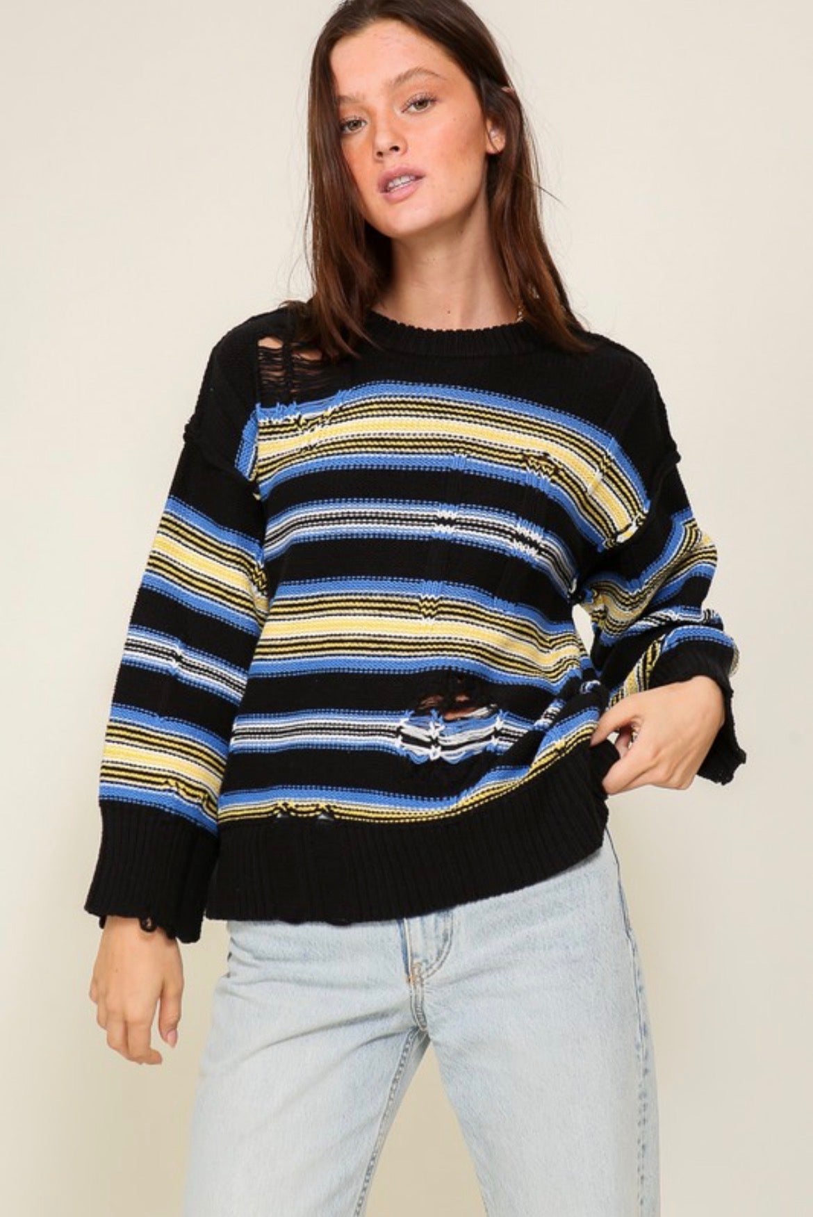 Timing Distressed Round Neck Striped Sweater Yellow Black and Blue