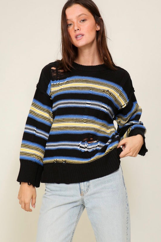 Timing Distressed Round Neck Striped Sweater Yellow Black and Blue