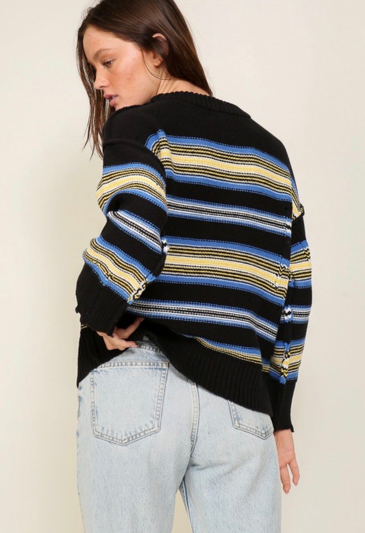 Timing Distressed Round Neck Striped Sweater Yellow Black and Blue