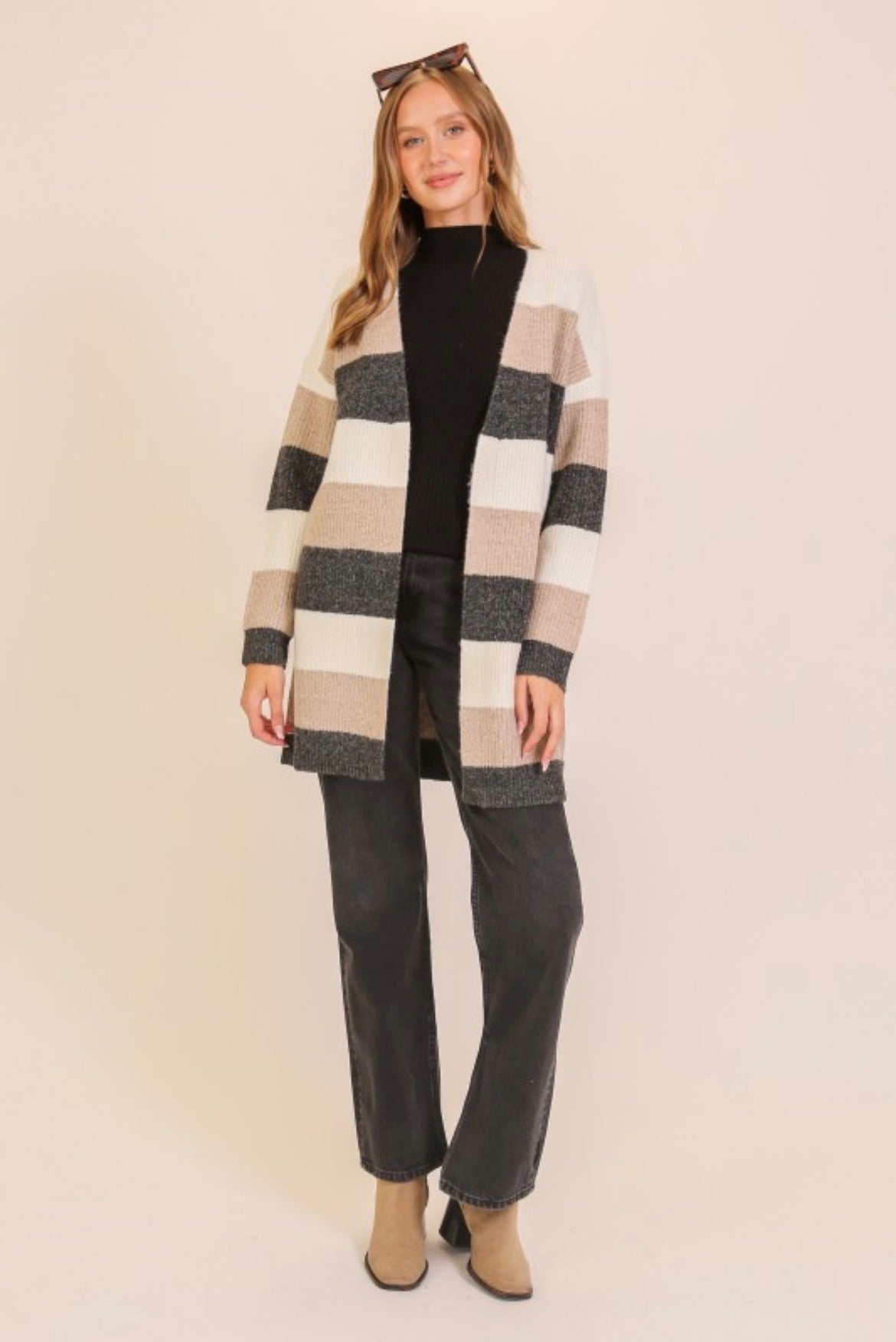 Timing Color Block Striped Open Front Cardigan Knee Length Cream Beige