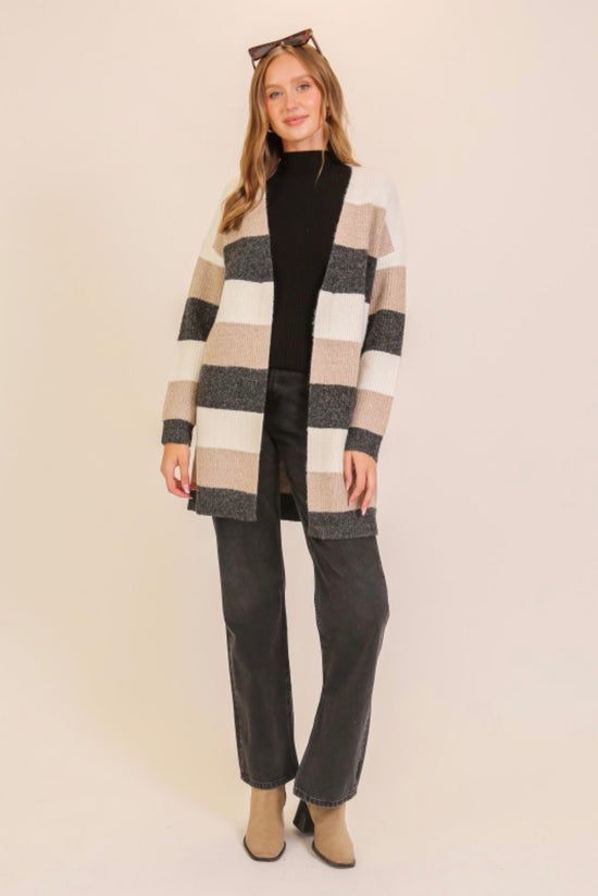 Timing Color Block Striped Open Front Cardigan Knee Length Cream Beige
