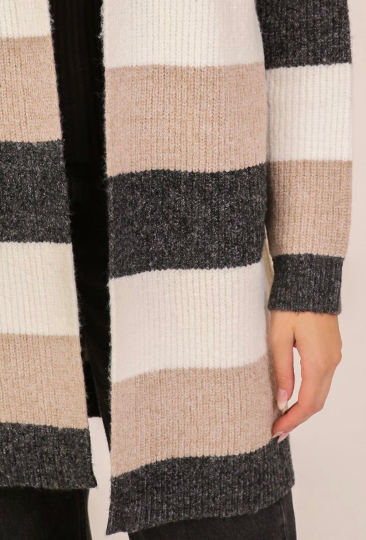 Timing Color Block Striped Open Front Cardigan Knee Length Cream Beige