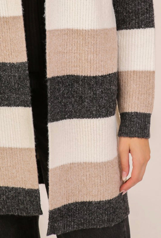 Timing Color Block Striped Open Front Cardigan Knee Length Cream Beige