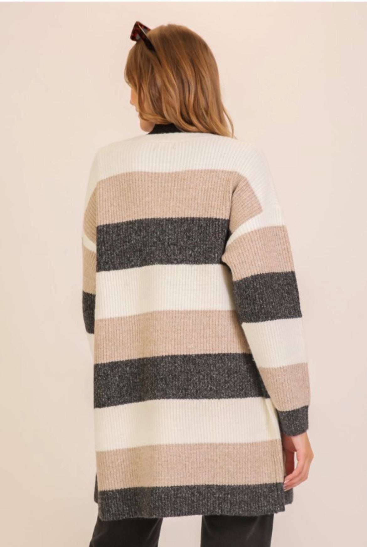 Timing Color Block Striped Open Front Cardigan Knee Length Cream Beige