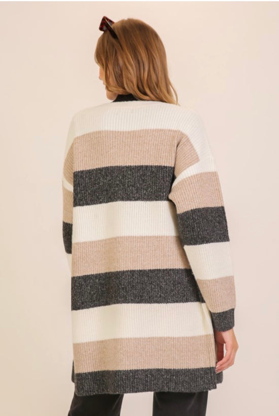 Timing Color Block Striped Open Front Cardigan Knee Length Cream Beige