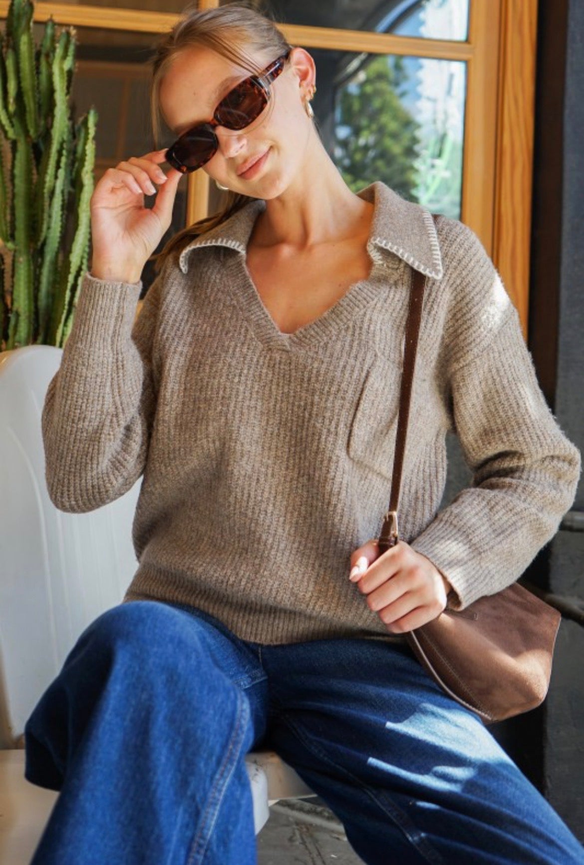Timing Contrast Collared Knit Sweater Taupe w/ White Stitching