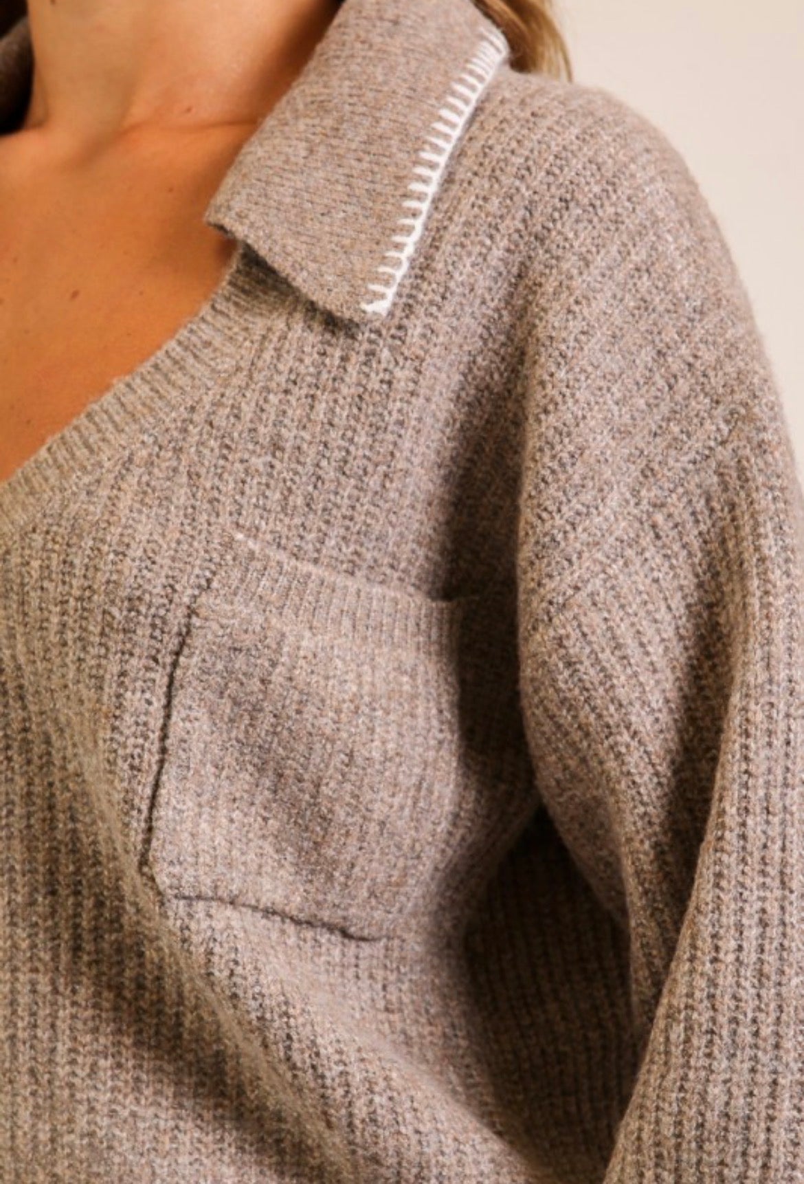 Timing Contrast Collared Knit Sweater Taupe w/ White Stitching