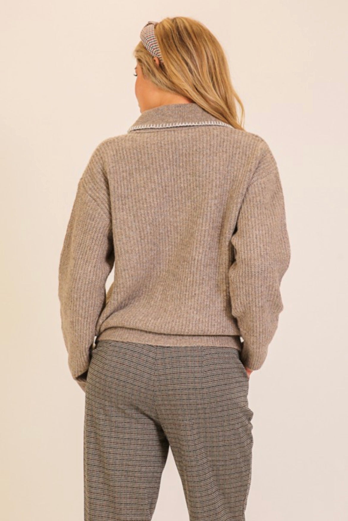 Timing Contrast Collared Knit Sweater Taupe w/ White Stitching