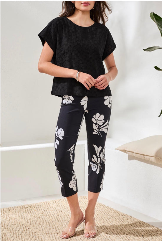 Tribal S/S Crew Neck Black Tee w/embroidered Flowers