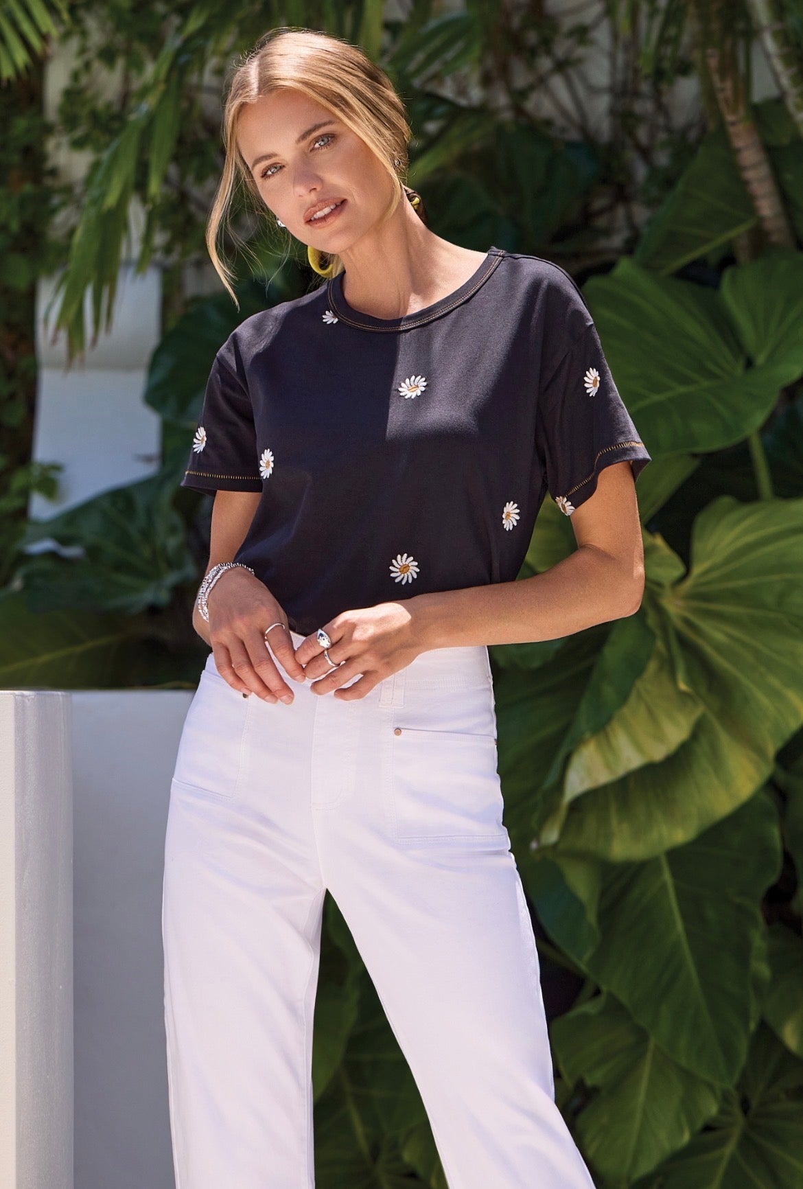 Tribal S/S Crew Neck Black Top with Daisy Embroidery