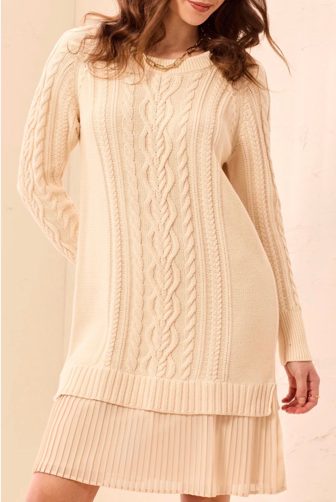 Tribal Long Sleeve Sweater Dress w/ Chiffon Cream