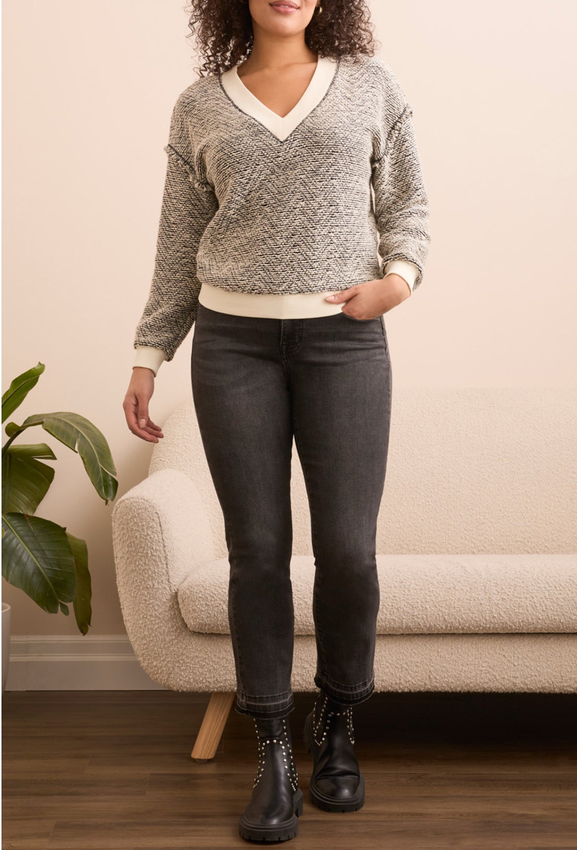 Tribal V Neck Top with Cream/Black Textured