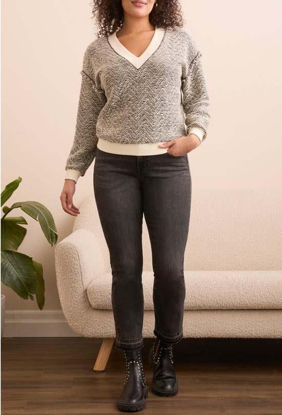 Tribal V Neck Top with Cream/Black Textured