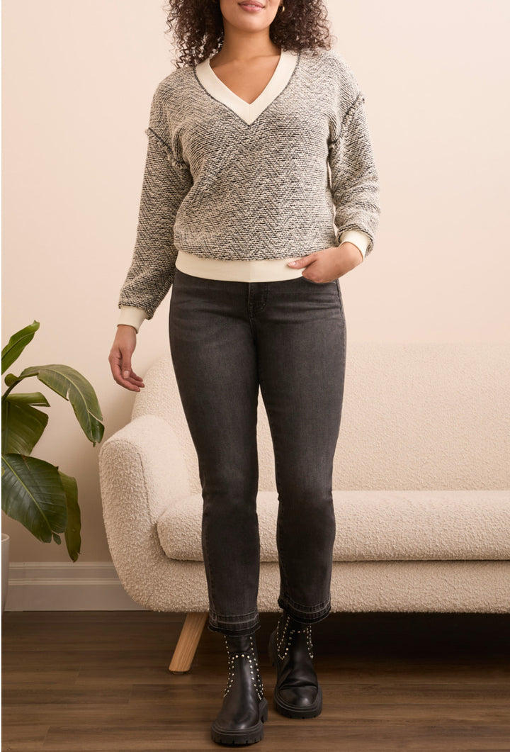 Tribal V Neck Top with Cream/Black Textured