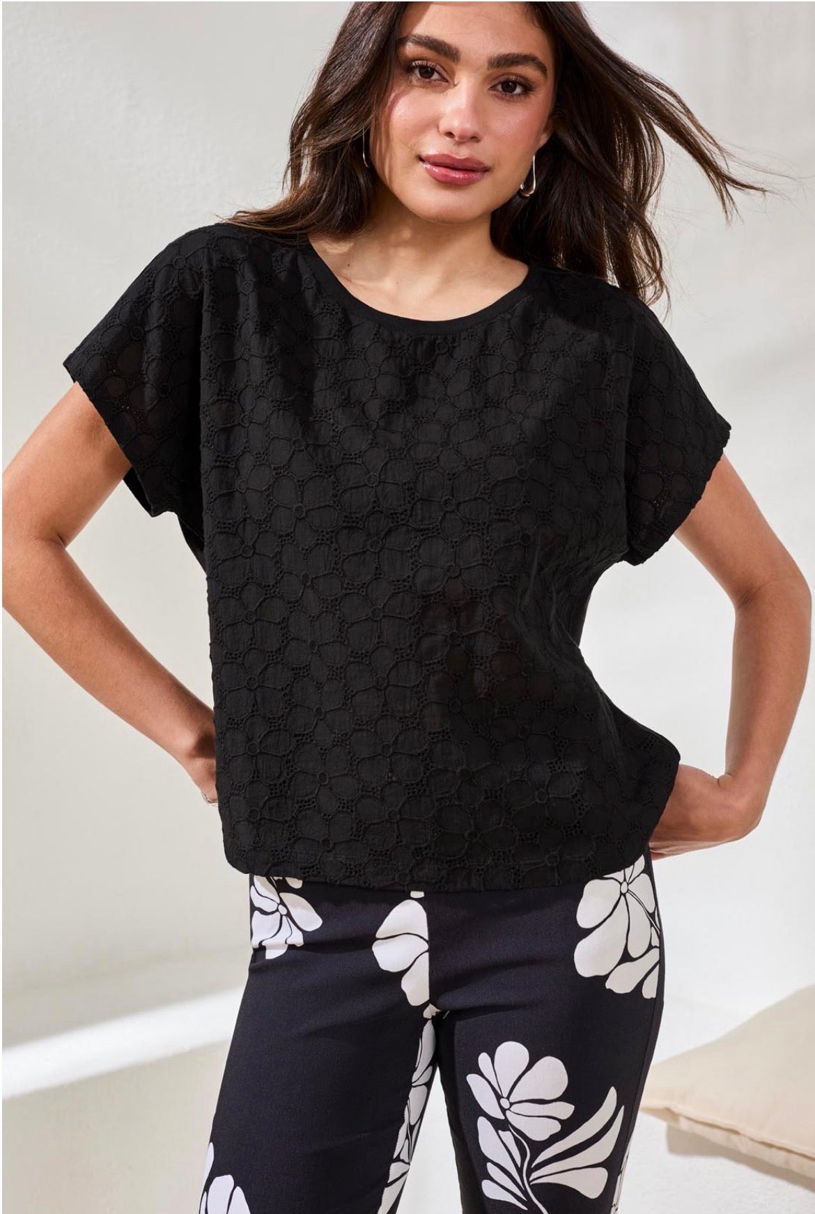 Tribal S/S Crew Neck Black Tee w/embroidered Flowers