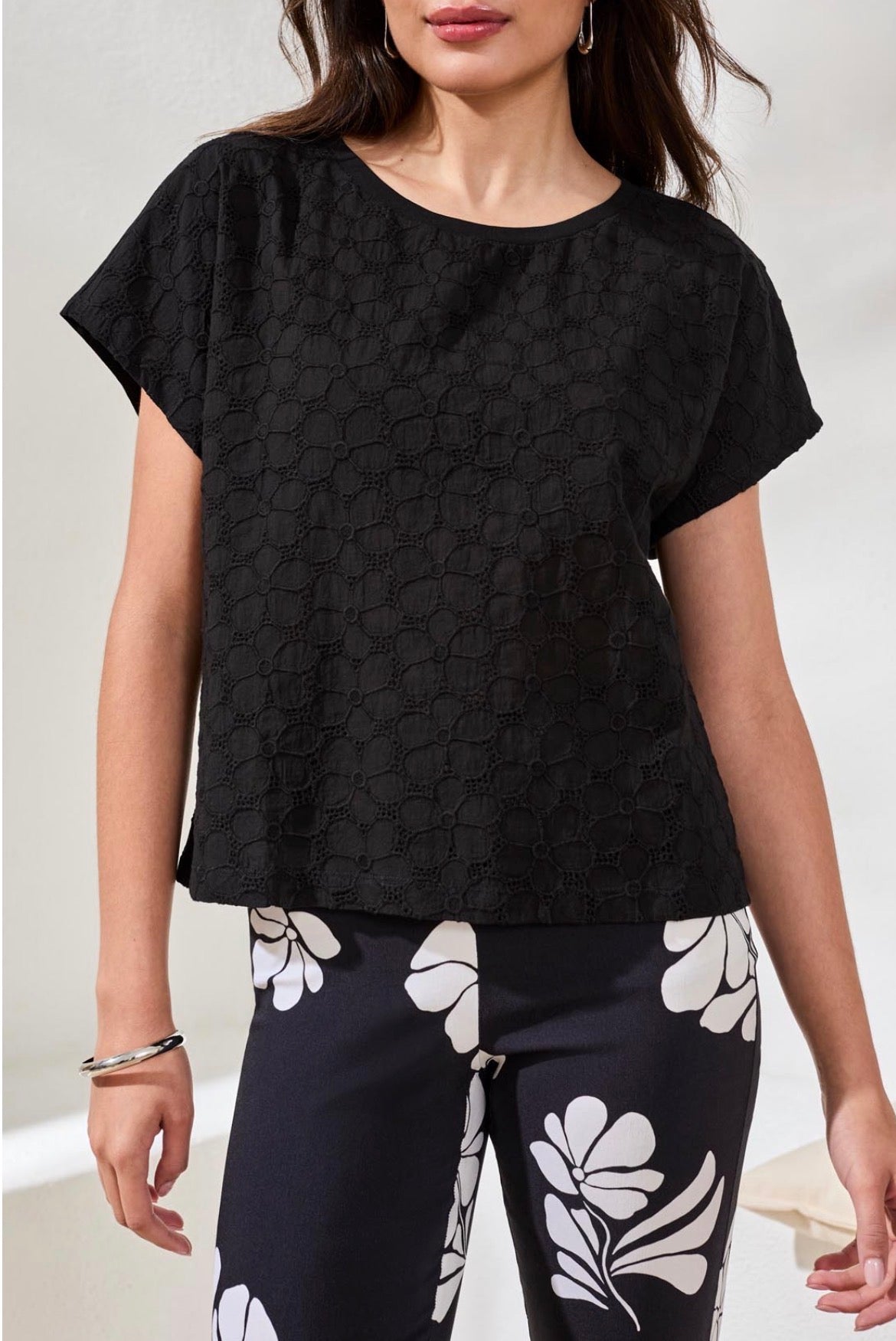 Tribal S/S Crew Neck Black Tee w/embroidered Flowers