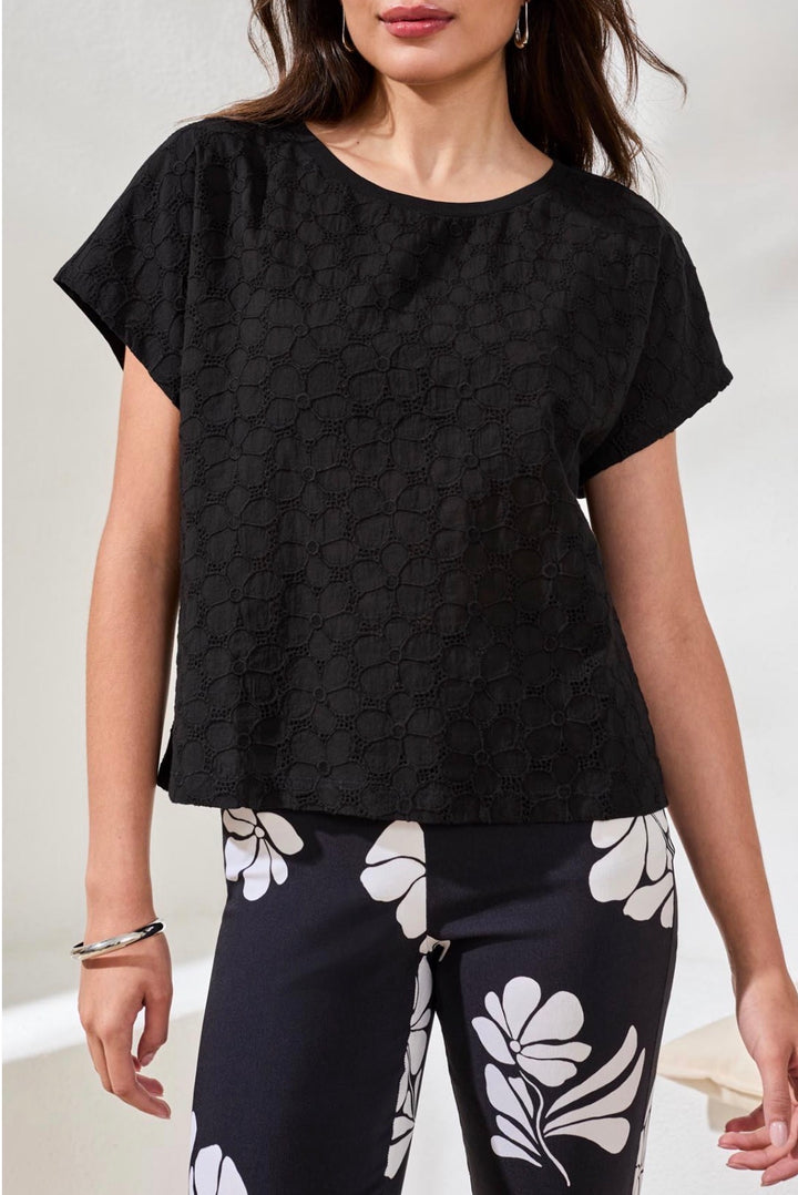 Tribal S/S Crew Neck Black Tee w/embroidered Flowers