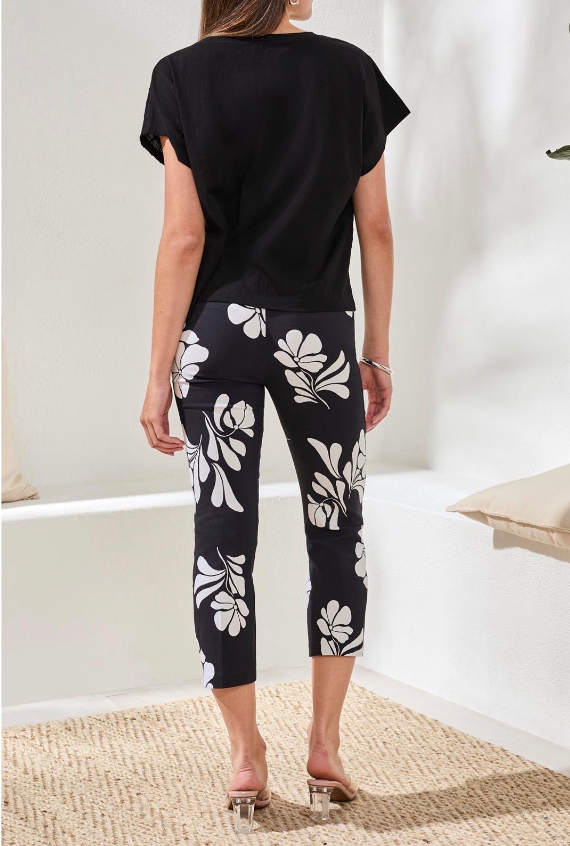 Tribal S/S Crew Neck Black Tee w/embroidered Flowers