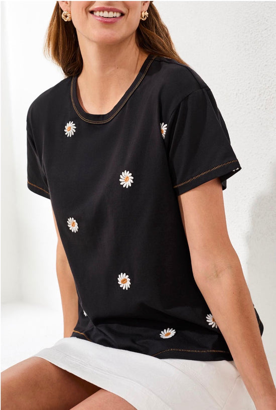 Tribal S/S Crew Neck Black Top with Daisy Embroidery