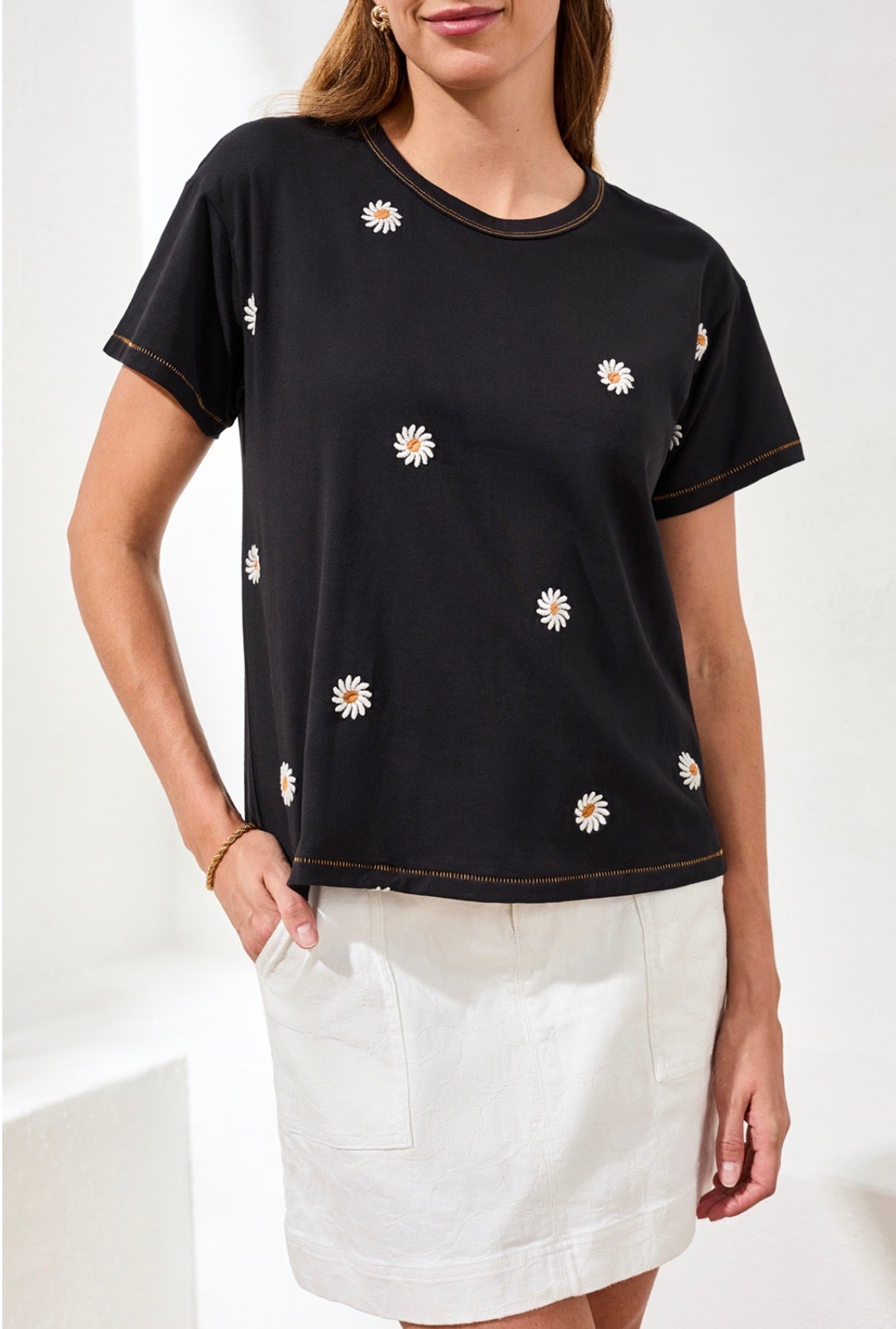 Tribal S/S Crew Neck Black Top with Daisy Embroidery