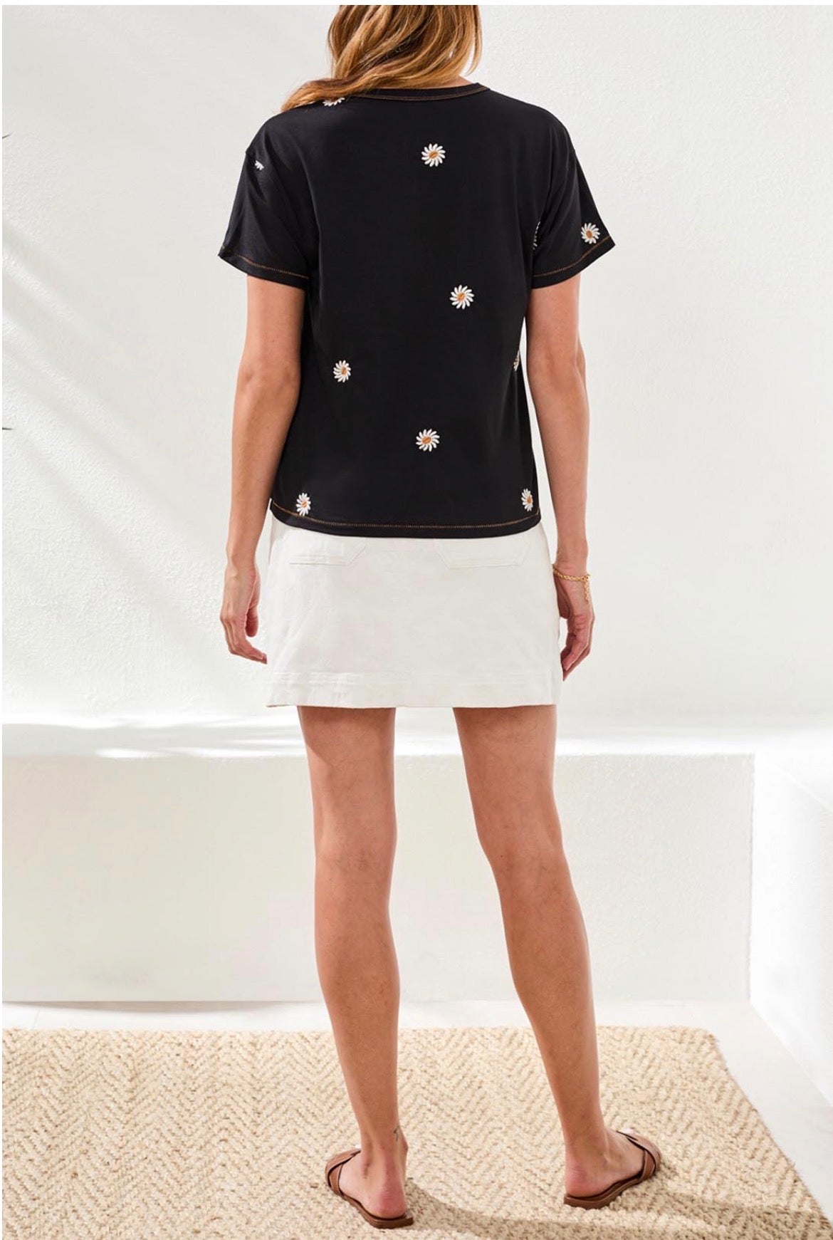 Tribal S/S Crew Neck Black Top with Daisy Embroidery