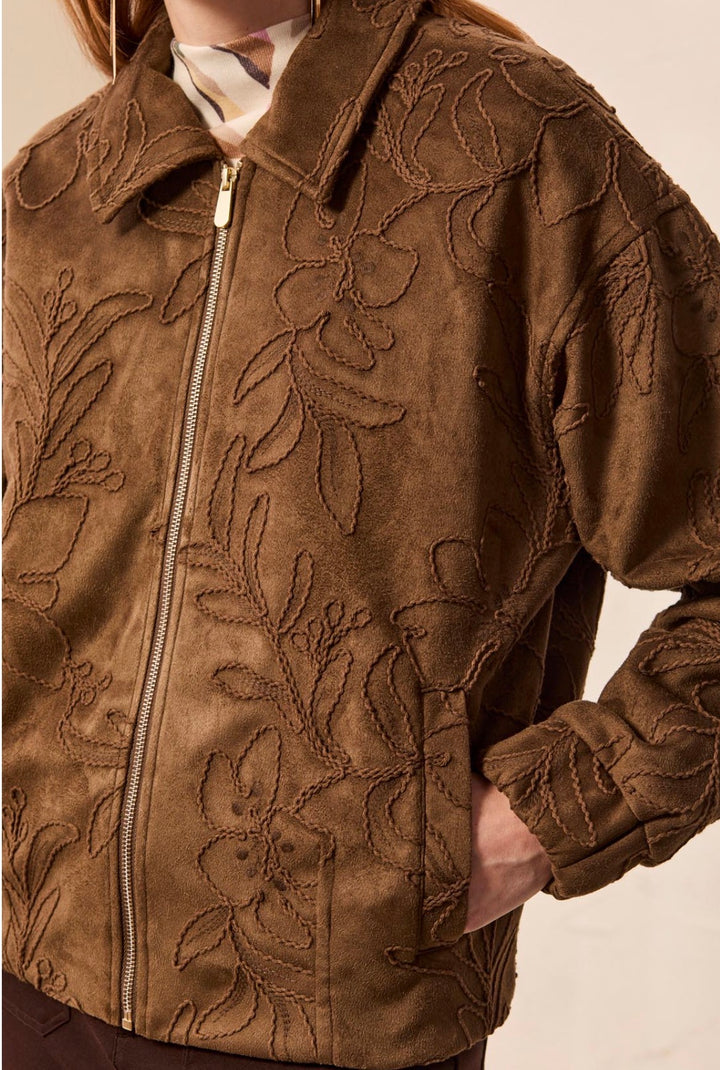 Tribal Long Sleeve Zip Front Floral Embroidered Faux Suede Jacket