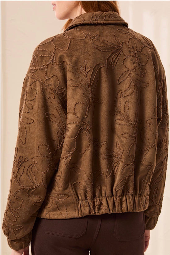 Tribal Long Sleeve Zip Front Floral Embroidered Faux Suede Jacket